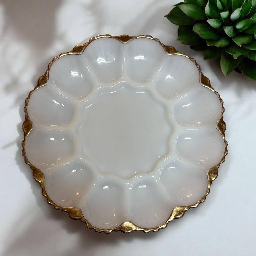 Vintage Anchor Hocking Milk Glass Deviled Egg Plate Gold Trim 10”